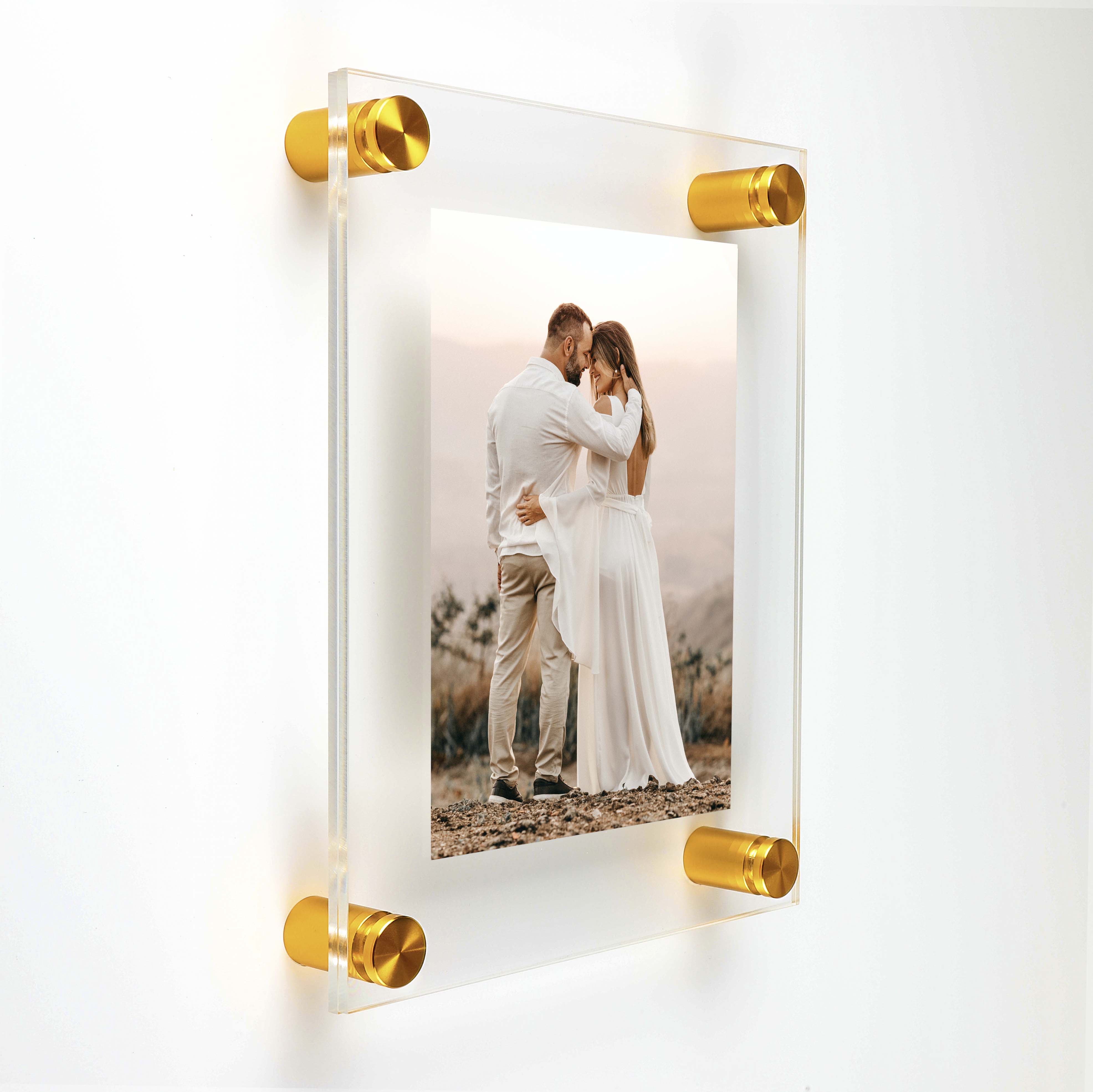 (2) 23-3/4'' x 29-3/4'' Clear Acrylics , Pre-Drilled With Polished Edges (Thick 3/16'' each), Wall Frame with (4) 5/8'' x 3/4'' Gold Anodized Aluminum Standoffs includes Screws and Anchors